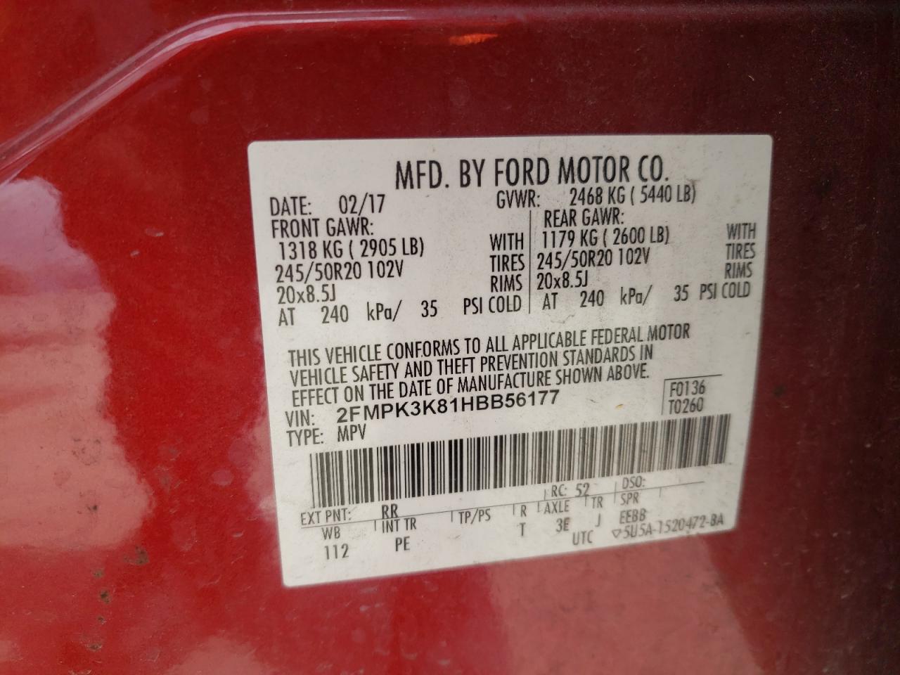 2017 Ford Edge VIN 2FMPK3K81HBB56177 Copart auction photo, all over damage thumbnail 15
