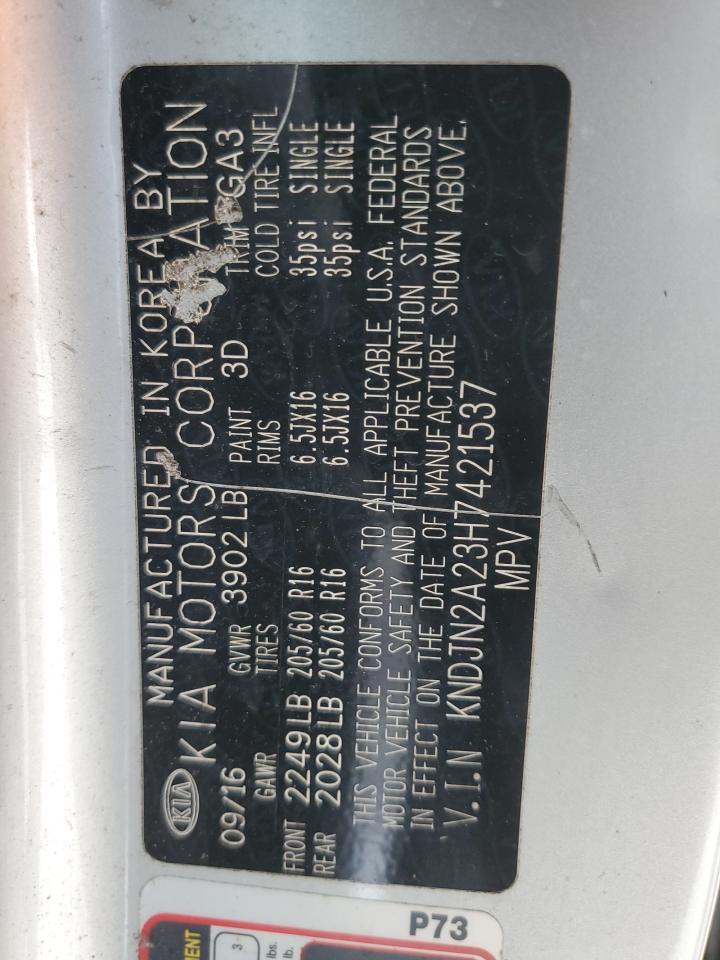 2017 KIA Soul VIN KNDJN2A23H7421537 Copart auction photo, front end / minor dent/scratches damage thumbnail 12