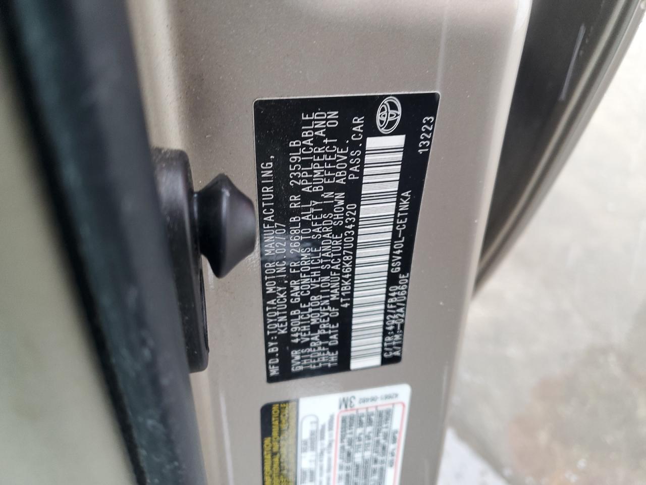 2007 Toyota Camry VIN 4T1BK46K87U034320 Copart auction photo, rear end damage thumbnail 12