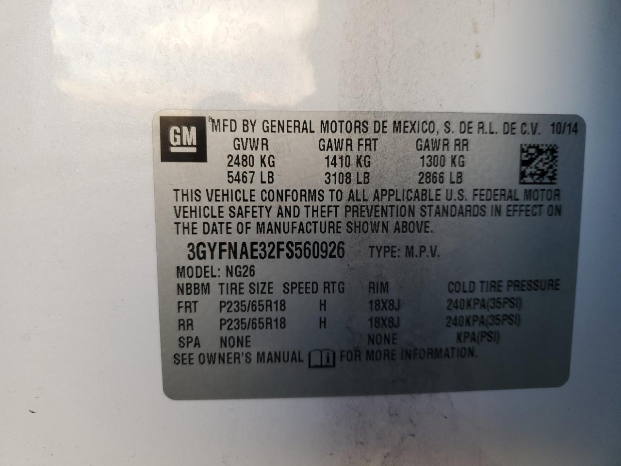 2015 Cadillac SRX VIN 3GYFNAE32FS560926 Copart auction photo, front end / side damage thumbnail 14