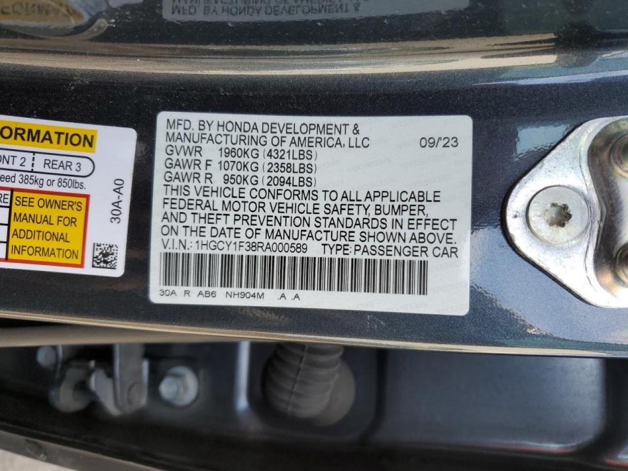 2024 Honda Accord VIN 1HGCY1F38RA000589 Copart auction photo, rear end damage thumbnail 12