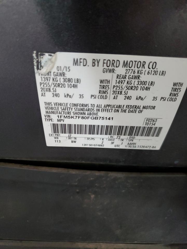2015 Ford Explorer VIN 1FM5K7F80FGB75141 Copart auction photo, rear end / top/roof damage thumbnail 13