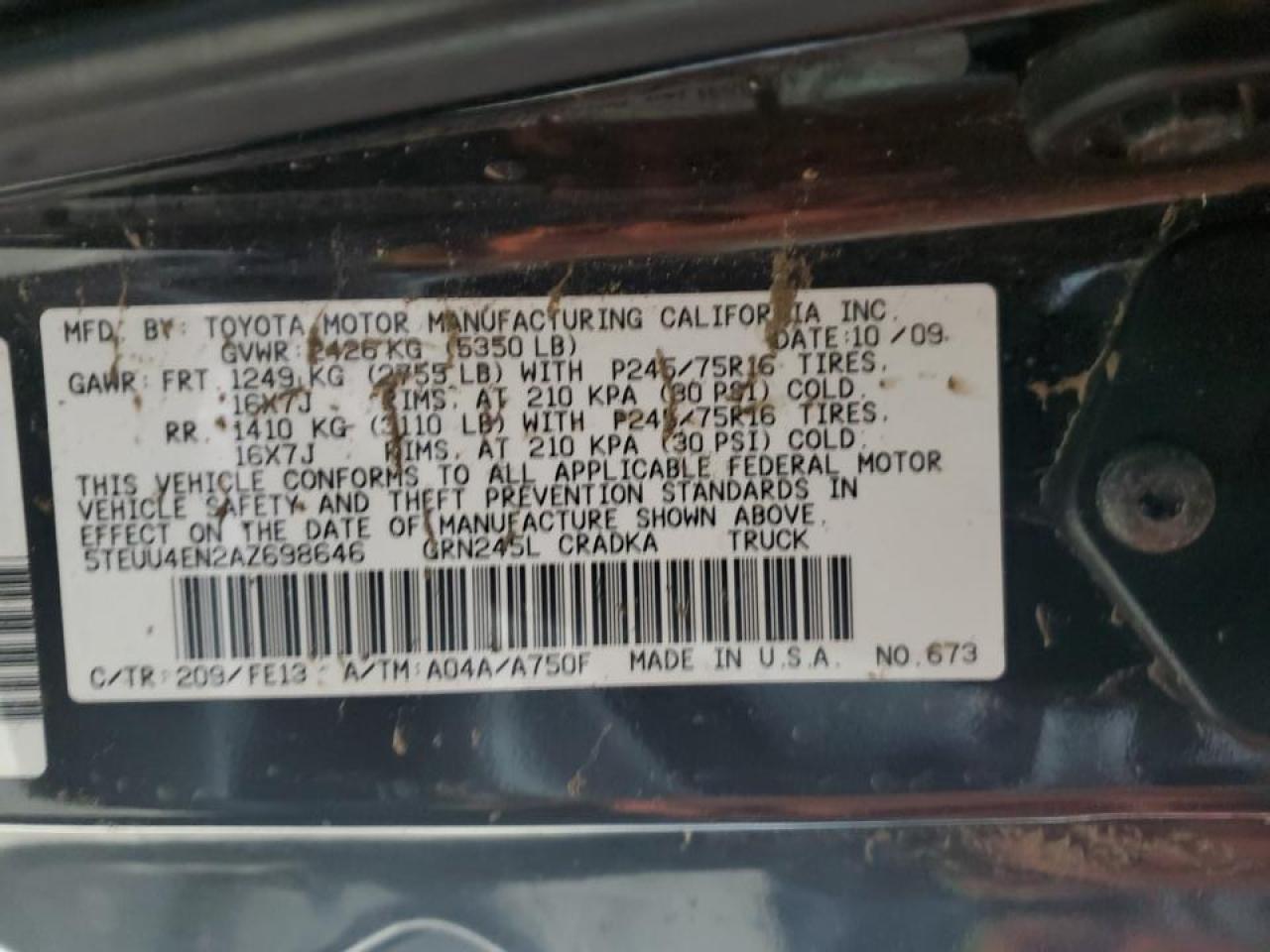 2010 Toyota Tacoma VIN 5TEUU4EN2AZ698646 Copart auction photo, all over damage thumbnail 14