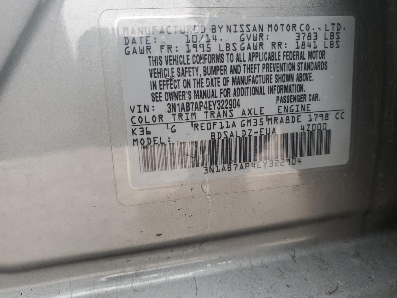 2014 Nissan Sentra VIN 3N1AB7AP4EY322904 Copart auction photo, front end damage thumbnail 15
