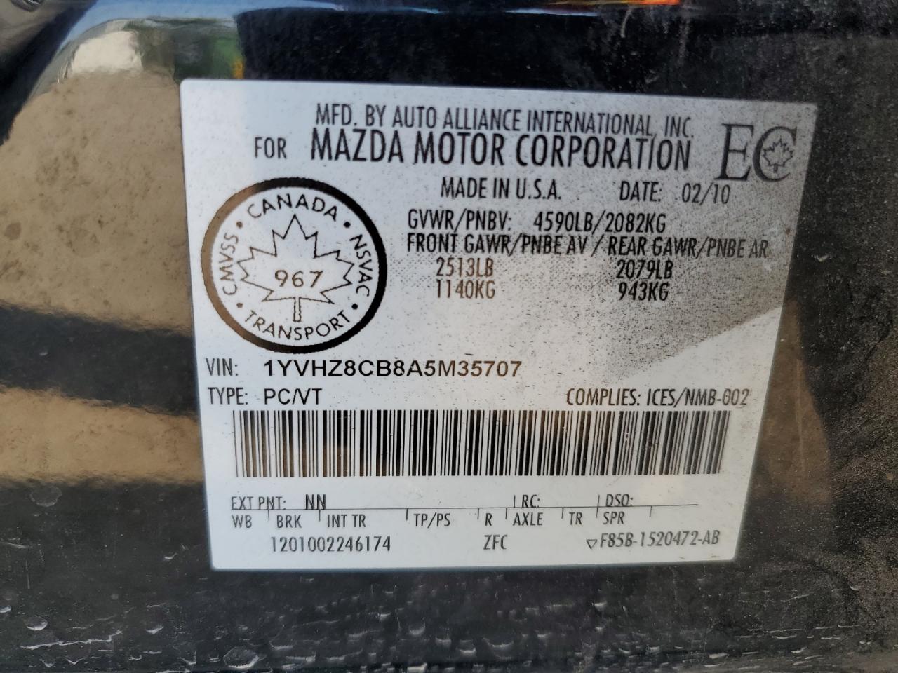 2010 Mazda 6 VIN 1YVHZ8CB8A5M35707 Copart auction photo, side / front end damage thumbnail 12