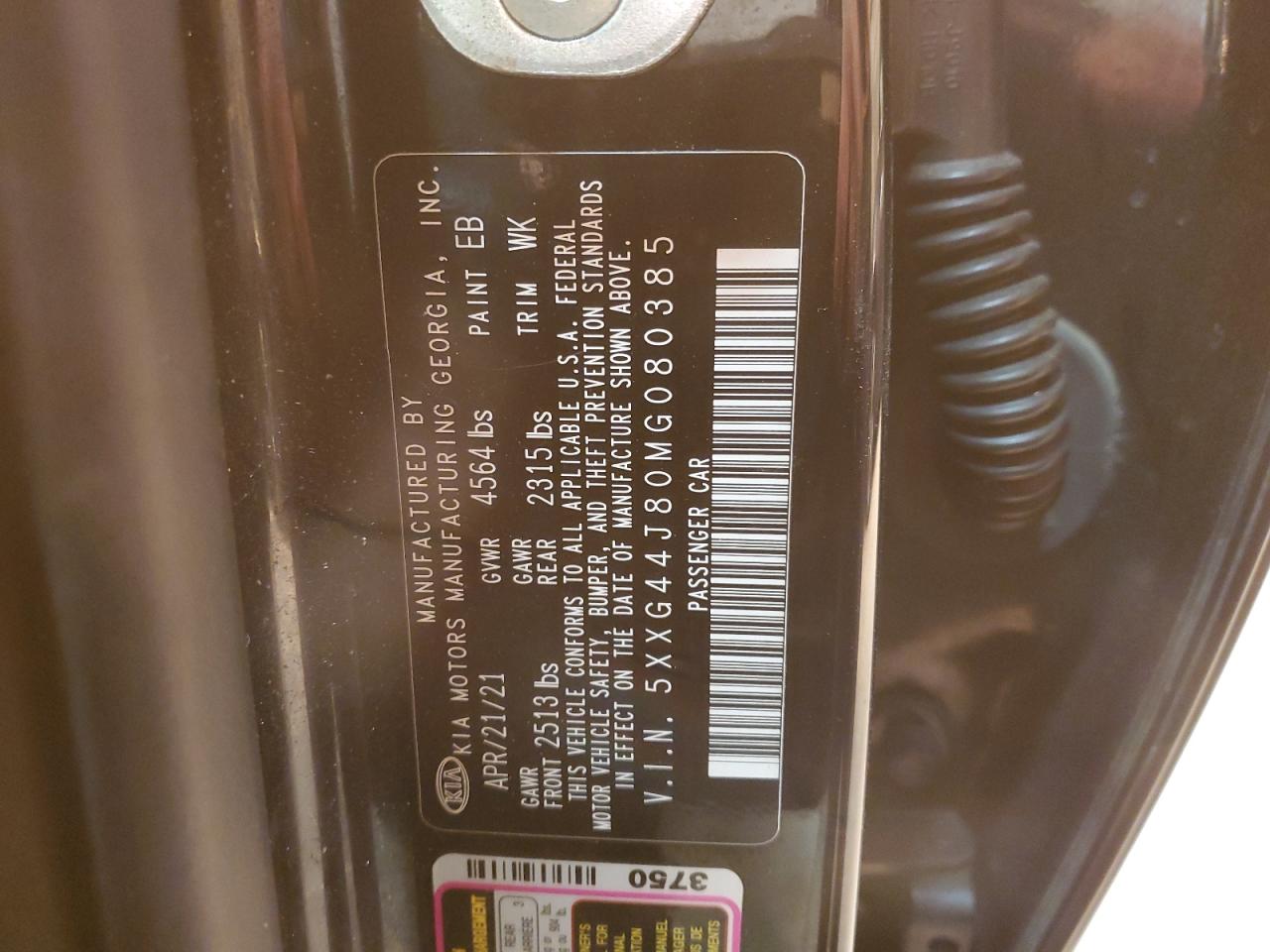 2021 KIA K5 VIN 5XXG44J80MG080385 Copart auction photo, all over / hail damage thumbnail 13
