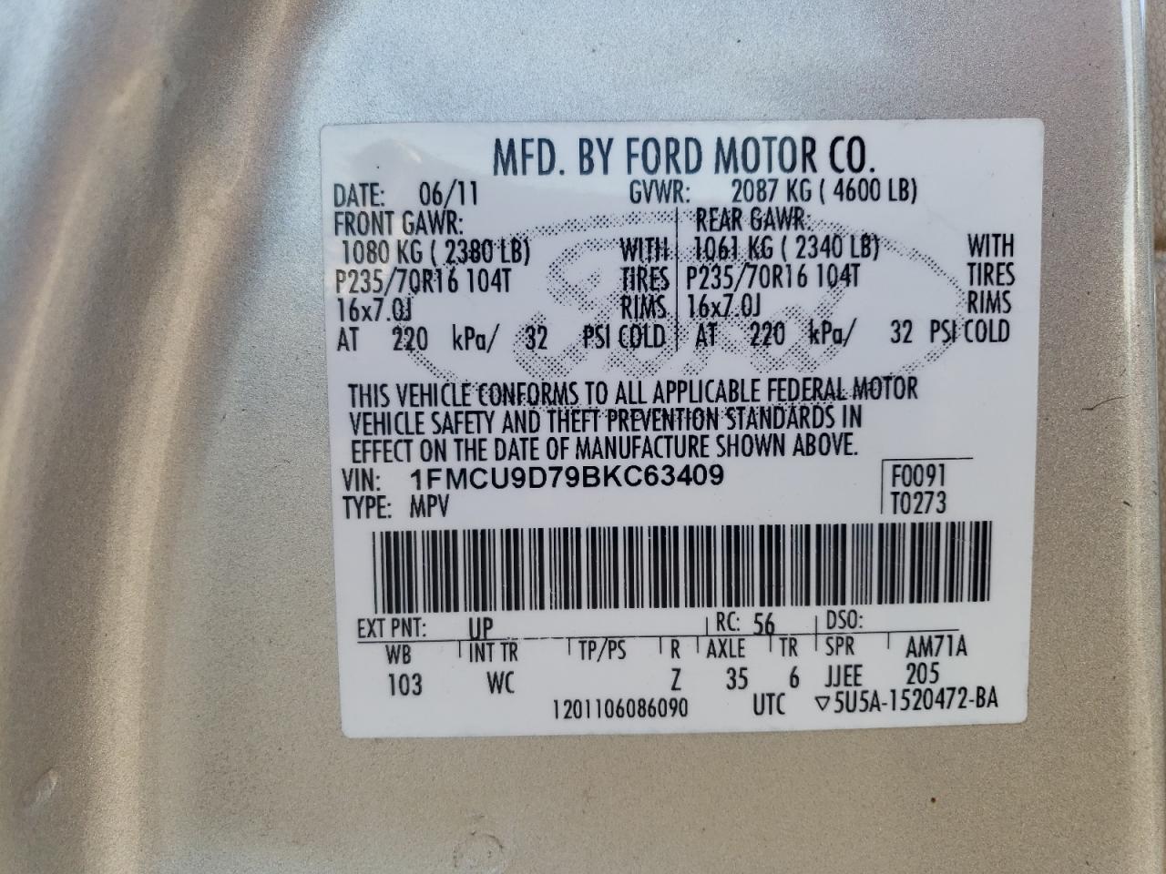 2011 Ford Escape VIN 1FMCU9D79BKC63409 Copart auction photo, front end / mechanical damage thumbnail 15