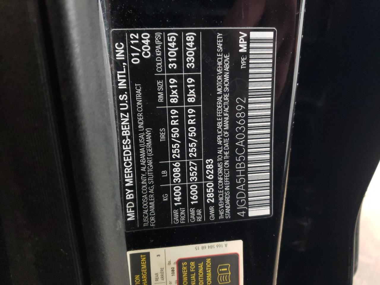 2012 Mercedes-Benz M-klasse VIN 4JGDA5HB5CA036892 Copart auction photo, front end damage thumbnail 12