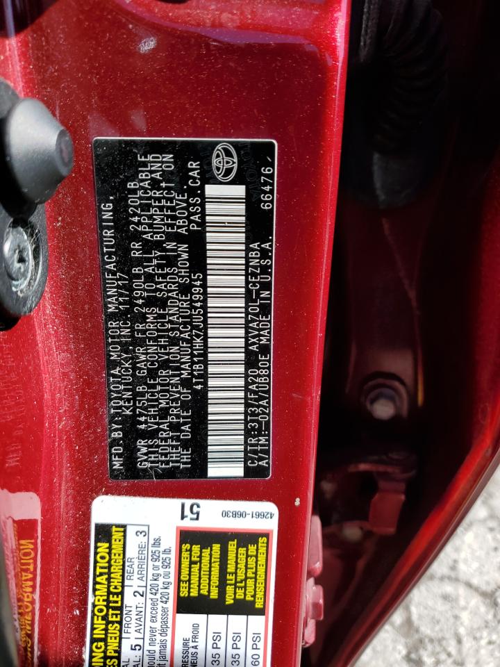 2018 Toyota Camry VIN 4T1B11HK7JU549945 Copart auction photo, front end / rear end damage thumbnail 14