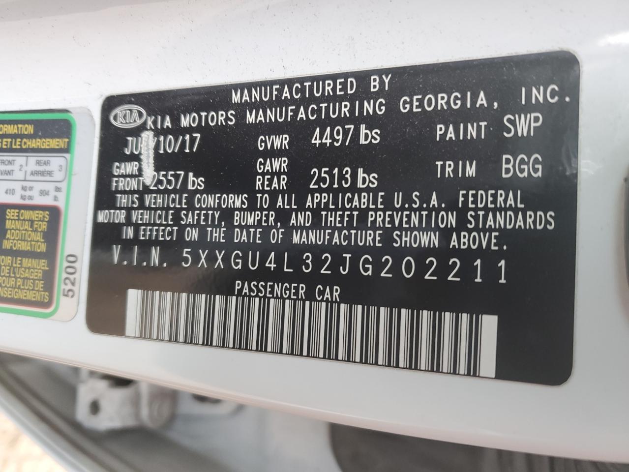 2018 KIA Optima VIN 5XXGU4L32JG202211 Copart auction photo, front end / rear end damage thumbnail 14