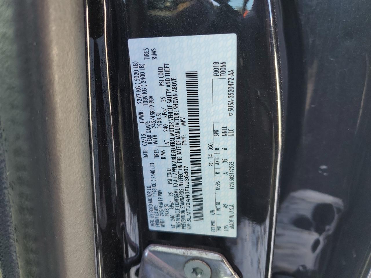 2015 Lincoln MKZ VIN 5LMTJ2AH0FUJ36407 Copart auction photo, side / rear end damage thumbnail 12