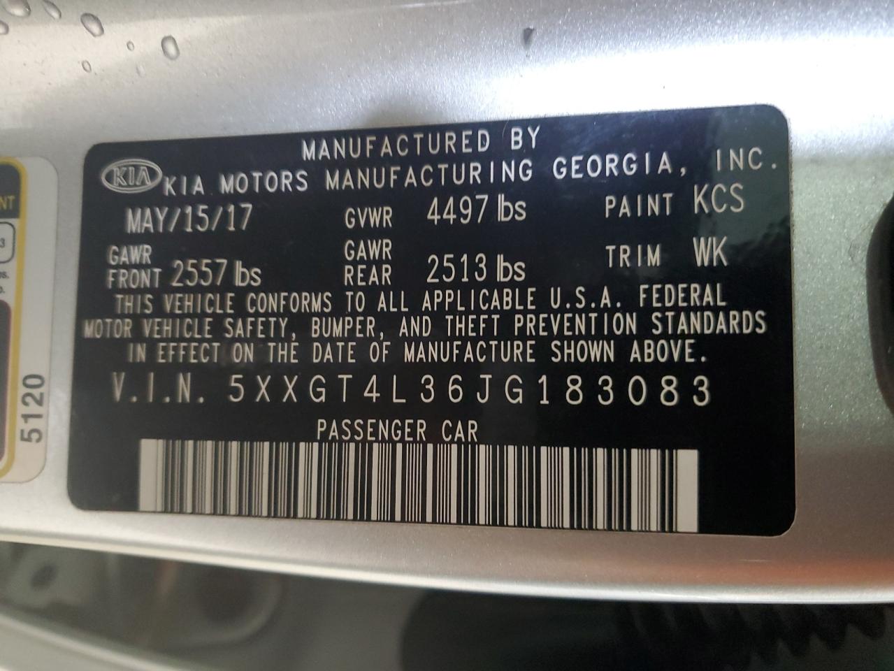 2018 KIA Optima VIN 5XXGT4L36JG183083 Copart auction photo, front end / rear end damage thumbnail 12