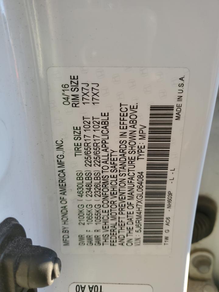 2016 Honda CR-V VIN 5J6RM4H7XGL064084 Copart auction photo, vandalism / mechanical damage thumbnail 13