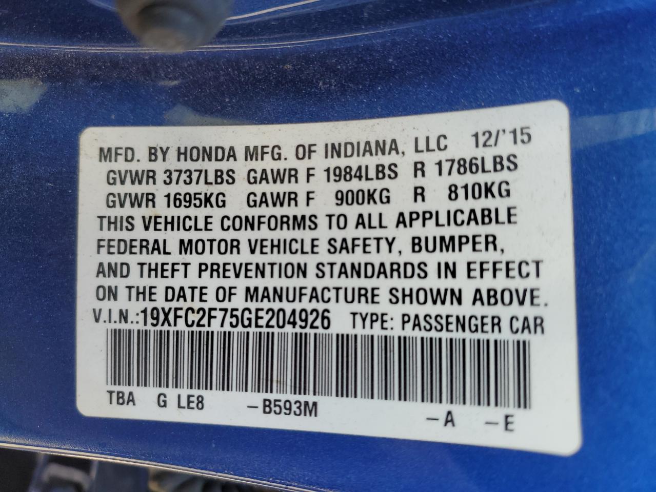 2016 Honda Civic VIN 19XFC2F75GE204926 Copart auction photo, front end damage thumbnail 12