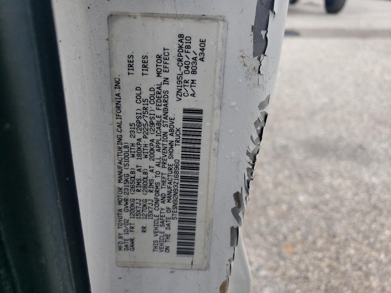 2003 Toyota Tacoma VIN 5TESN92N93Z168960 Copart auction photo, rollover damage thumbnail 13