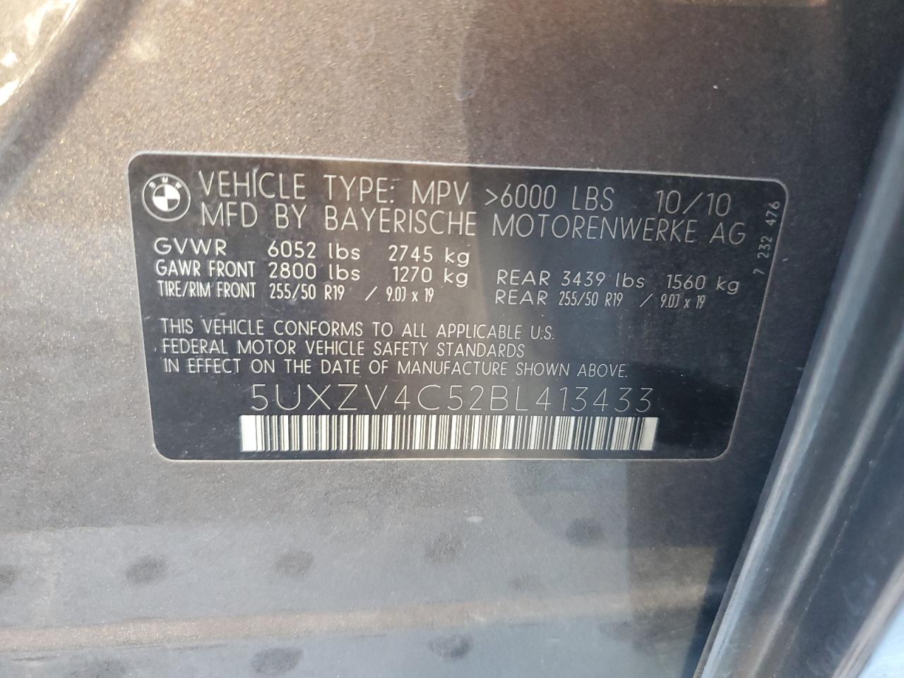 2011 BMW X5 VIN 5UXZV4C52BL413433 Copart auction photo, mechanical damage thumbnail 13