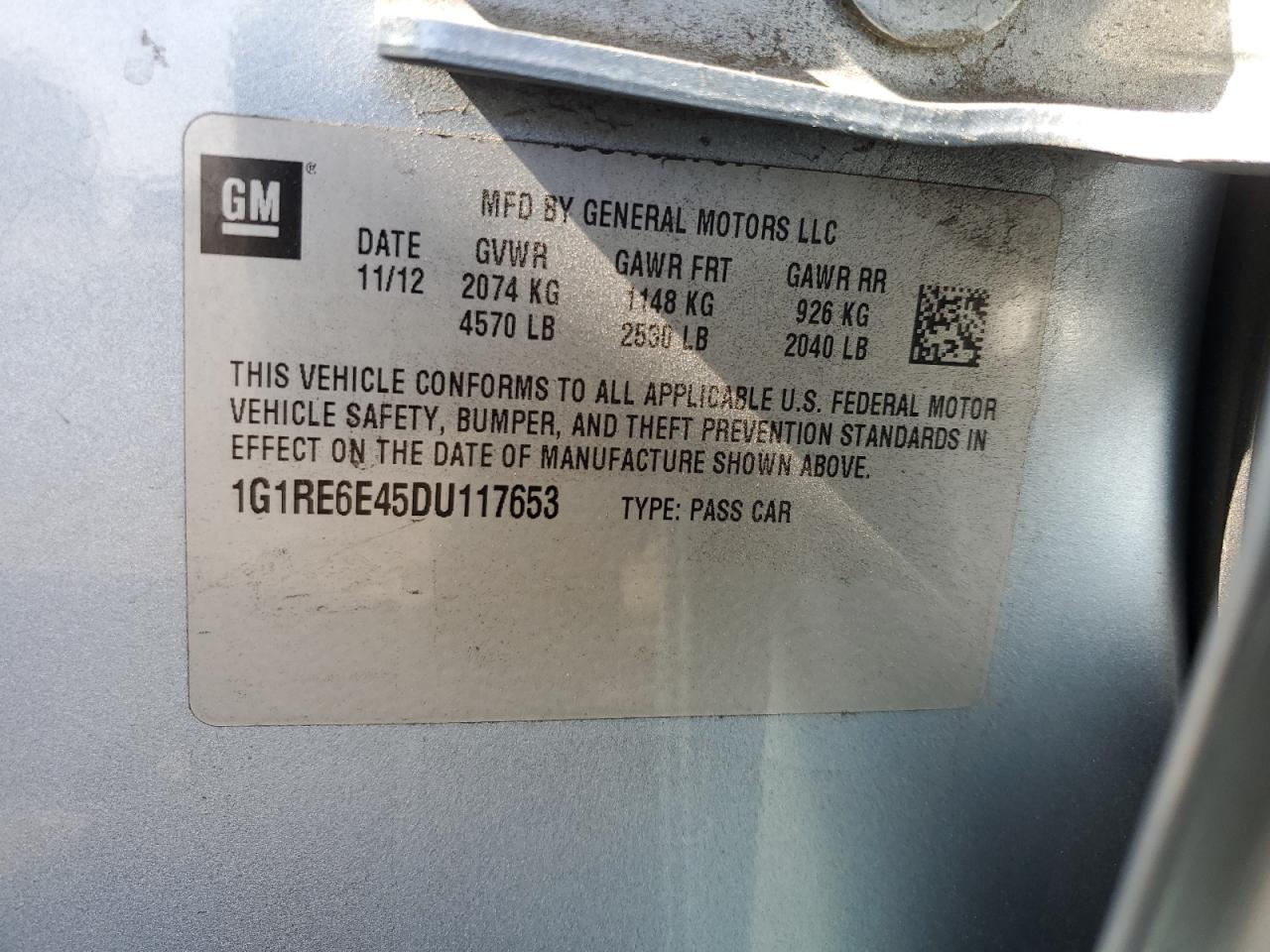 2013 Chevrolet Volt VIN 1G1RE6E45DU117653 Copart auction photo, mechanical damage thumbnail 12