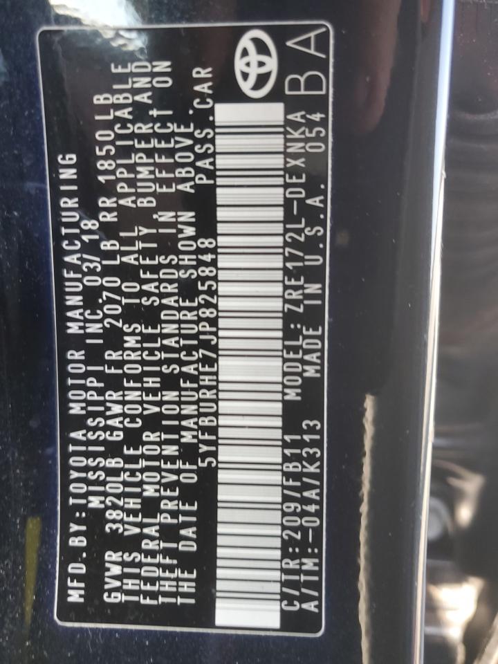2018 Toyota Corolla VIN 5YFBURHE7JP825848 Copart auction photo, top/roof damage thumbnail 12