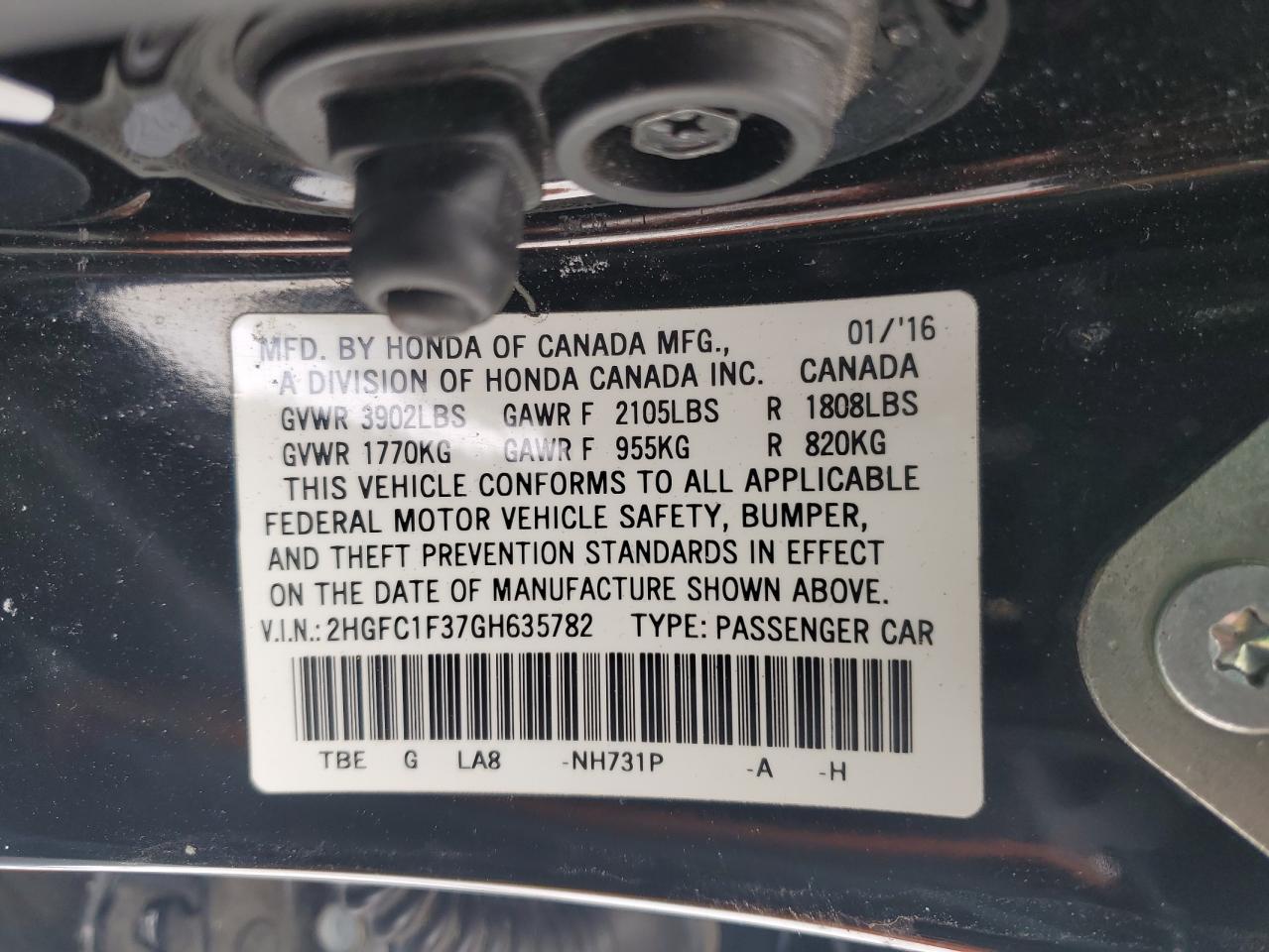 2016 Honda Civic VIN 2HGFC1F37GH635782 Copart auction photo, minor dent/scratches damage thumbnail 14