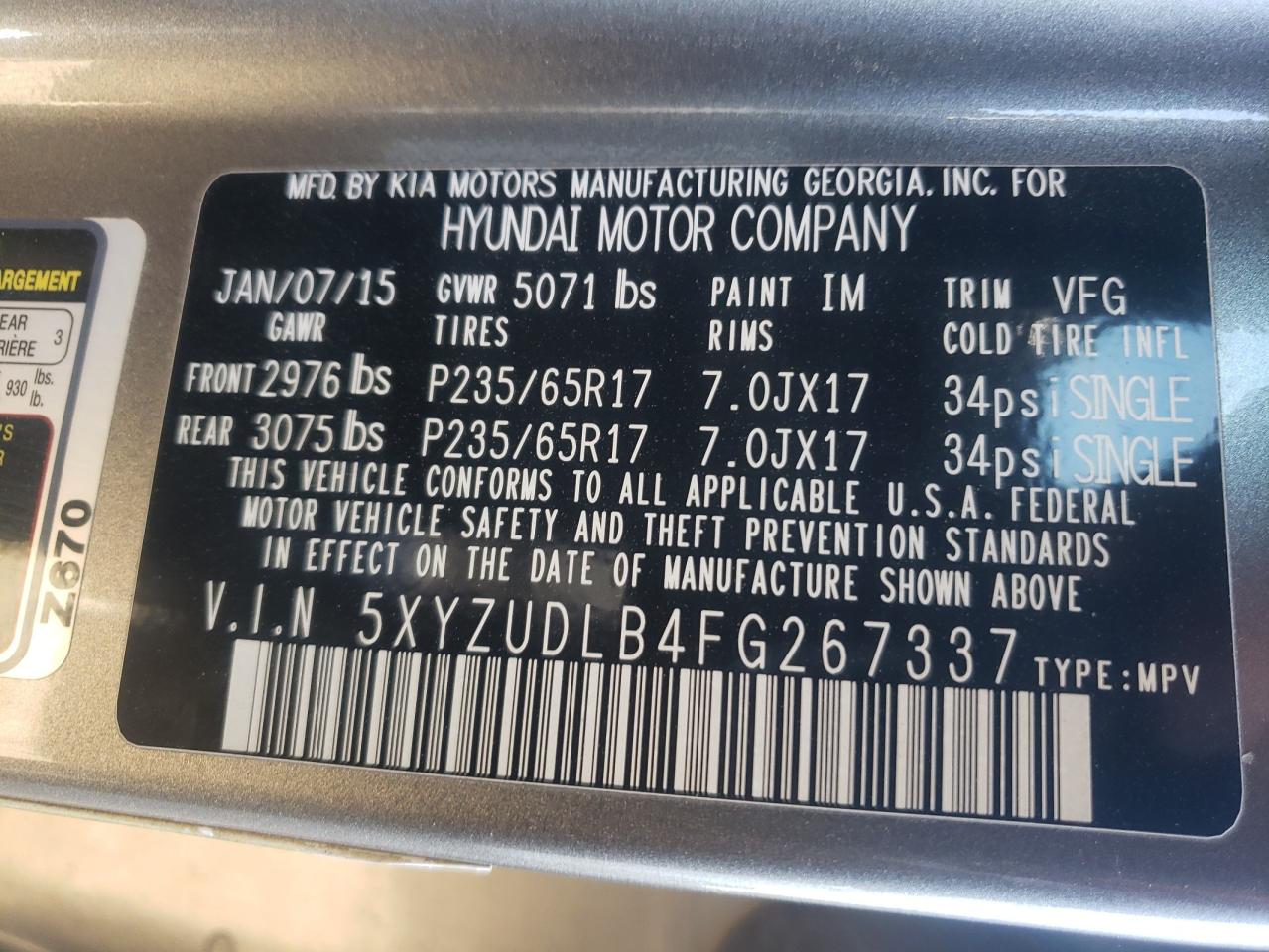 2015 Hyundai Santa Fe VIN 5XYZUDLB4FG267337 Copart auction photo, front end damage thumbnail 14