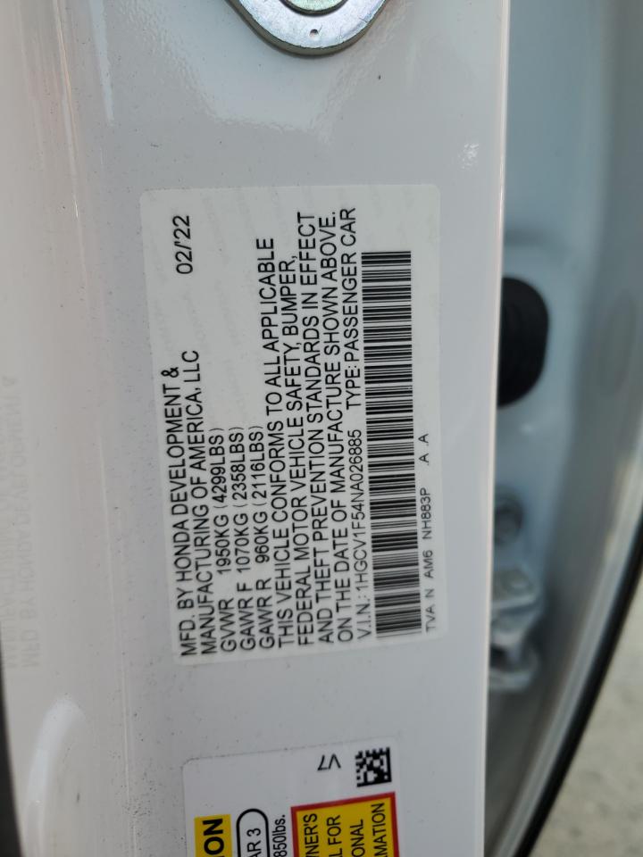 2022 Honda Accord VIN 1HGCV1F54NA026885 Copart auction photo, rear end damage thumbnail 12