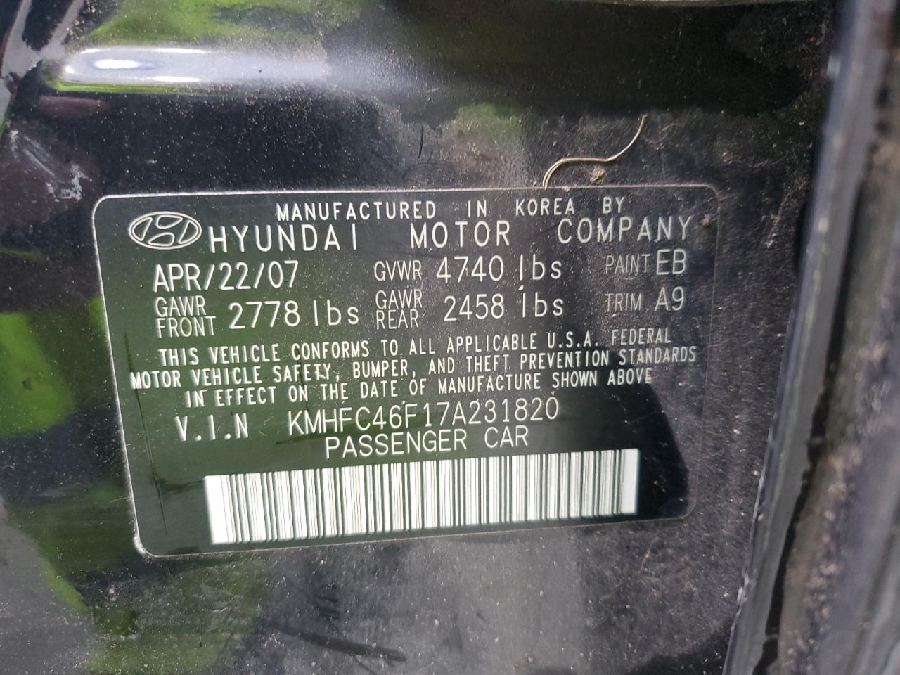 2007 Hyundai Azera VIN KMHFC46F17A231820 Copart auction photo, rear end / side damage thumbnail 12