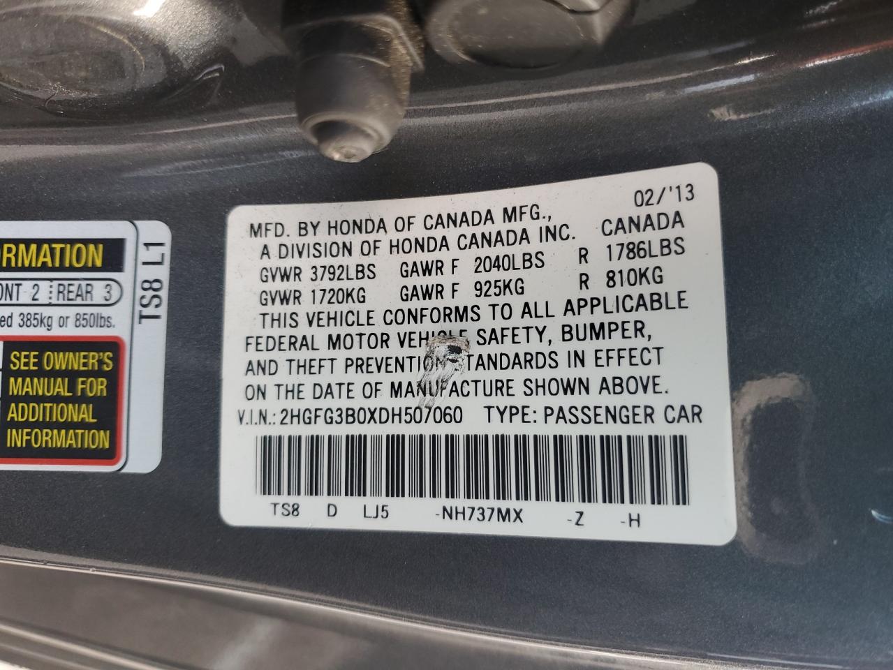 2013 Honda Civic VIN 2HGFG3B0XDH507060 Copart auction photo, front end damage thumbnail 13