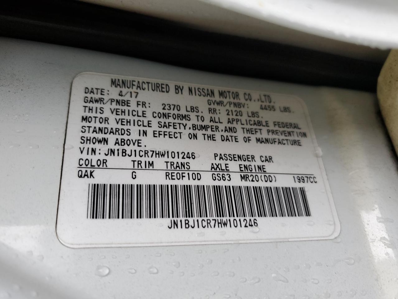 2017 Nissan Rogue VIN JN1BJ1CR7HW101246 Copart auction photo, rear end damage thumbnail 15