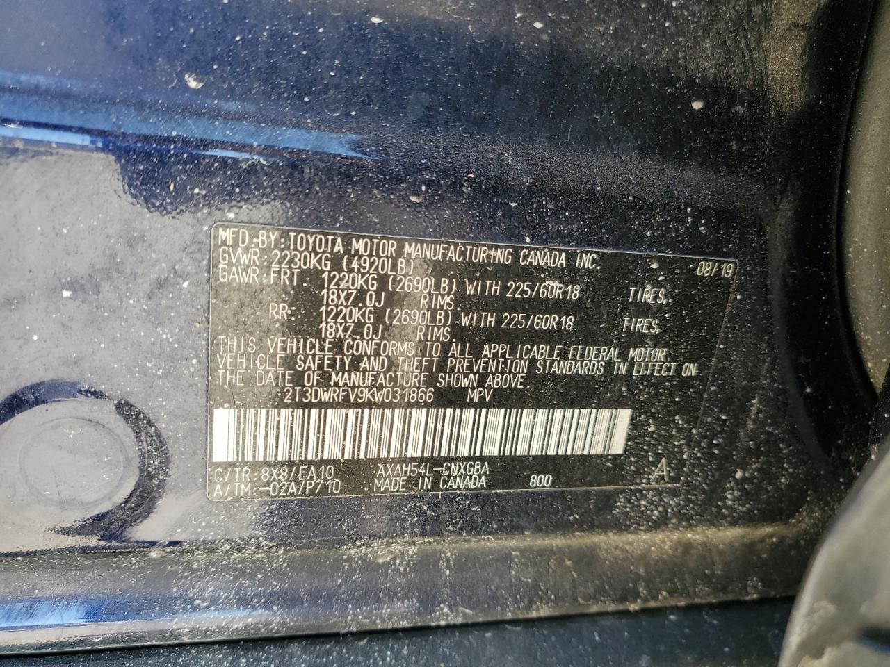 2019 Toyota RAV 4 VIN 2T3DWRFV9KW031866 Copart auction photo, all over / frame damage damage thumbnail 13