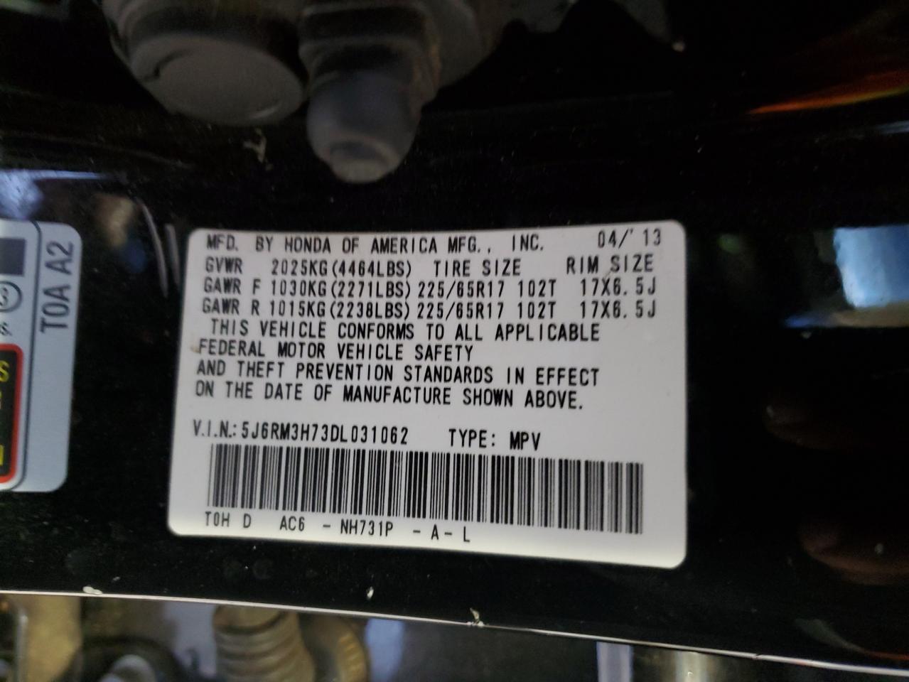 2013 Honda CR-V VIN 5J6RM3H73DL031062 Copart auction photo, front end damage thumbnail 13