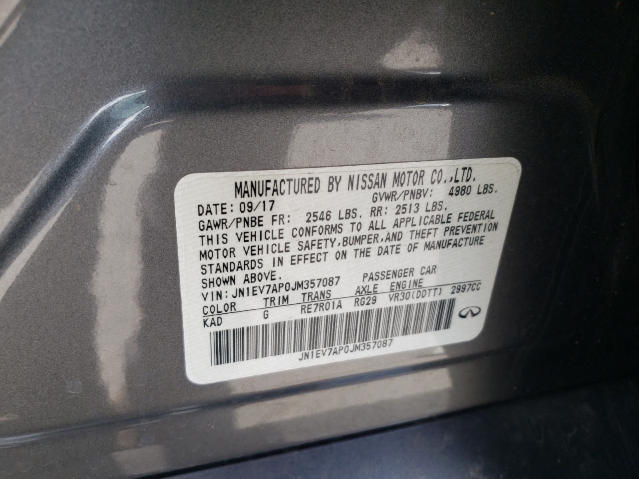 2018 Infiniti Q50 VIN JN1EV7AP0JM357087 Copart auction photo, front end / rear end damage thumbnail 14