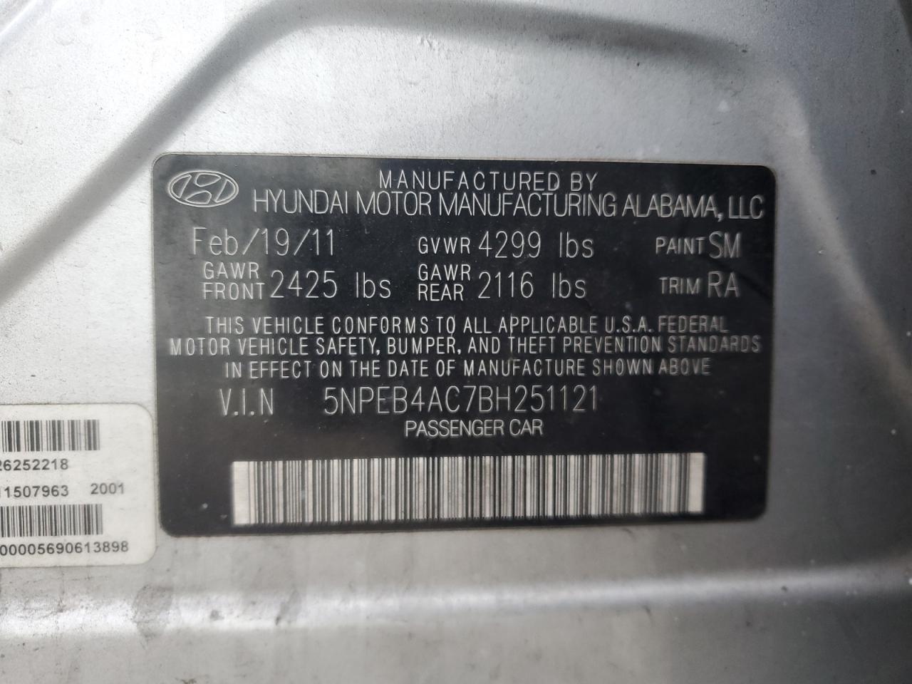 2011 Hyundai Sonata VIN 5NPEB4AC7BH251121 Copart auction photo, front end / rear end damage thumbnail 13