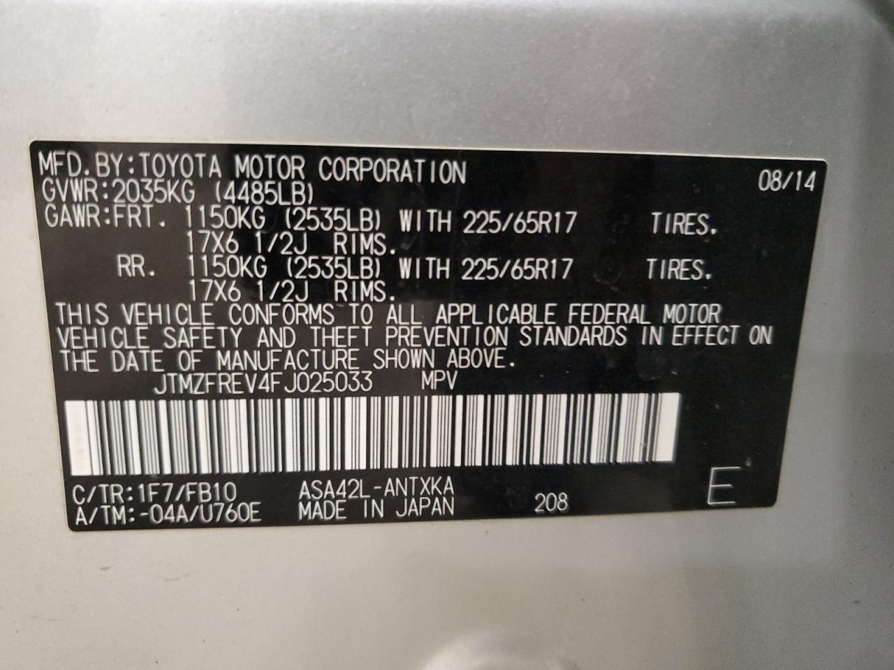 2015 Toyota RAV 4 VIN JTMZFREV4FJ025033 Copart auction photo, front end / all over damage thumbnail 13