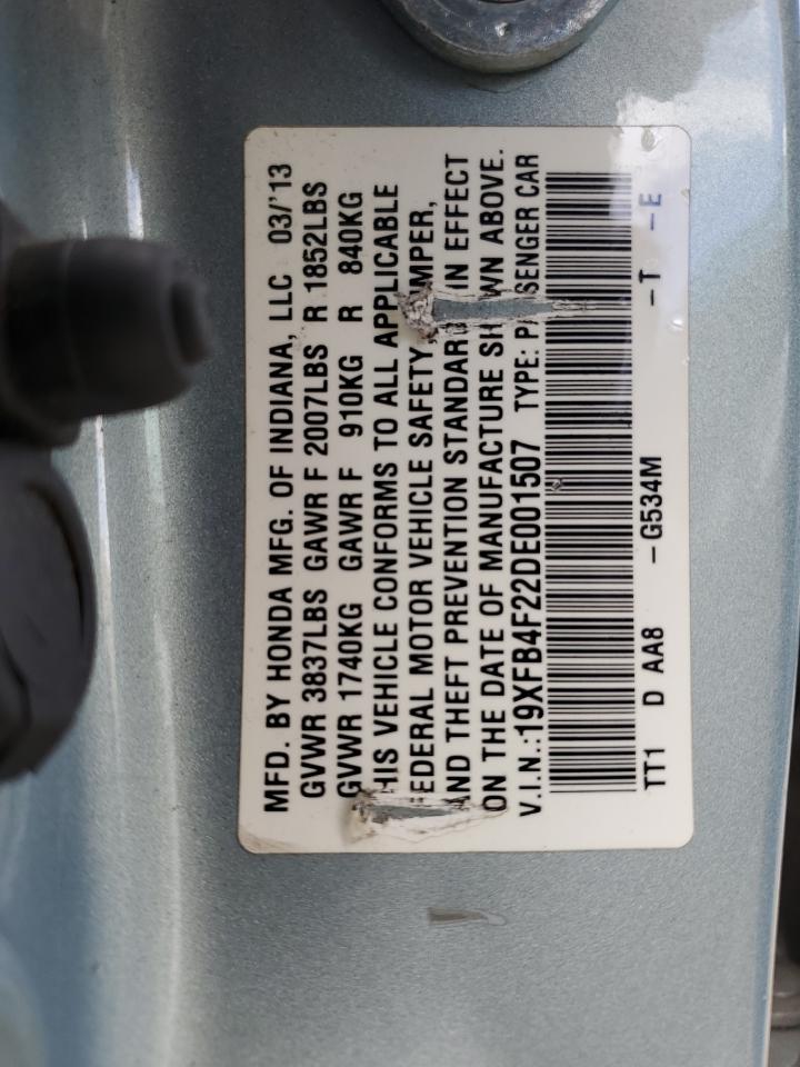 2013 Honda Civic VIN 19XFB4F22DE001507 Copart auction photo, rear end / front end damage thumbnail 12