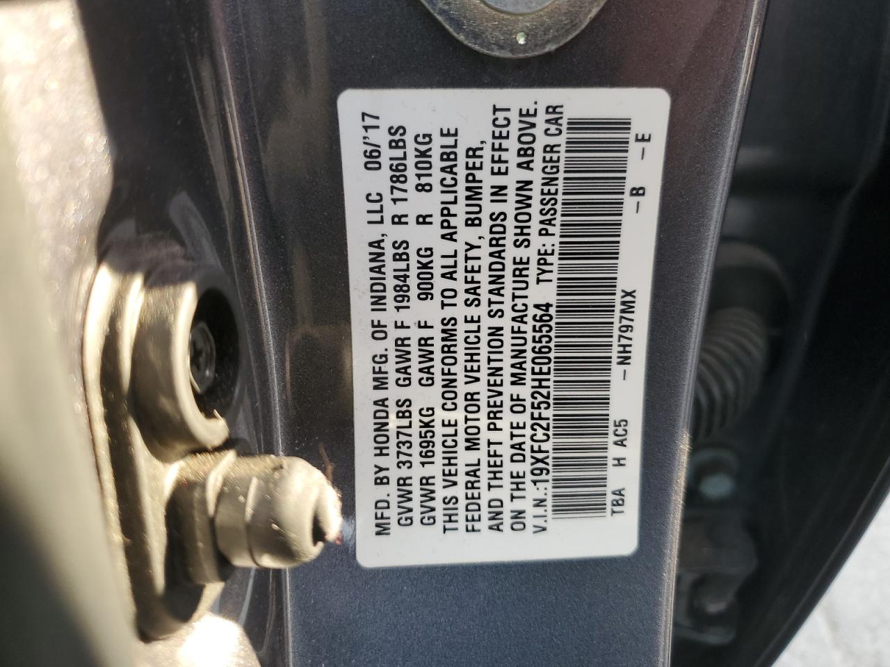 2017 Honda Civic VIN 19XFC2F52HE065564 Copart auction photo, side / rear end damage thumbnail 12