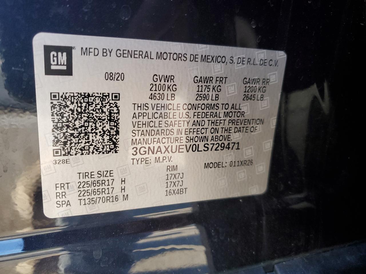2020 Chevrolet Equinox VIN 3GNAXUEV0LS729471 Copart auction photo, front end damage thumbnail 15
