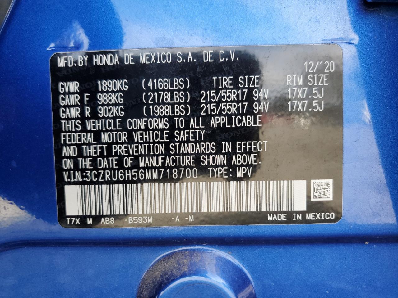 2021 Honda HR-V VIN 3CZRU6H56MM718700 Copart auction photo, front end damage thumbnail 15