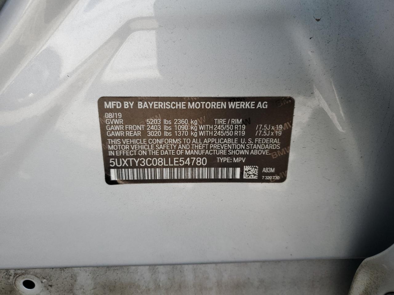 2020 BMW X3 VIN 5UXTY3C08LLE54780 Copart auction photo, front end damage thumbnail 14