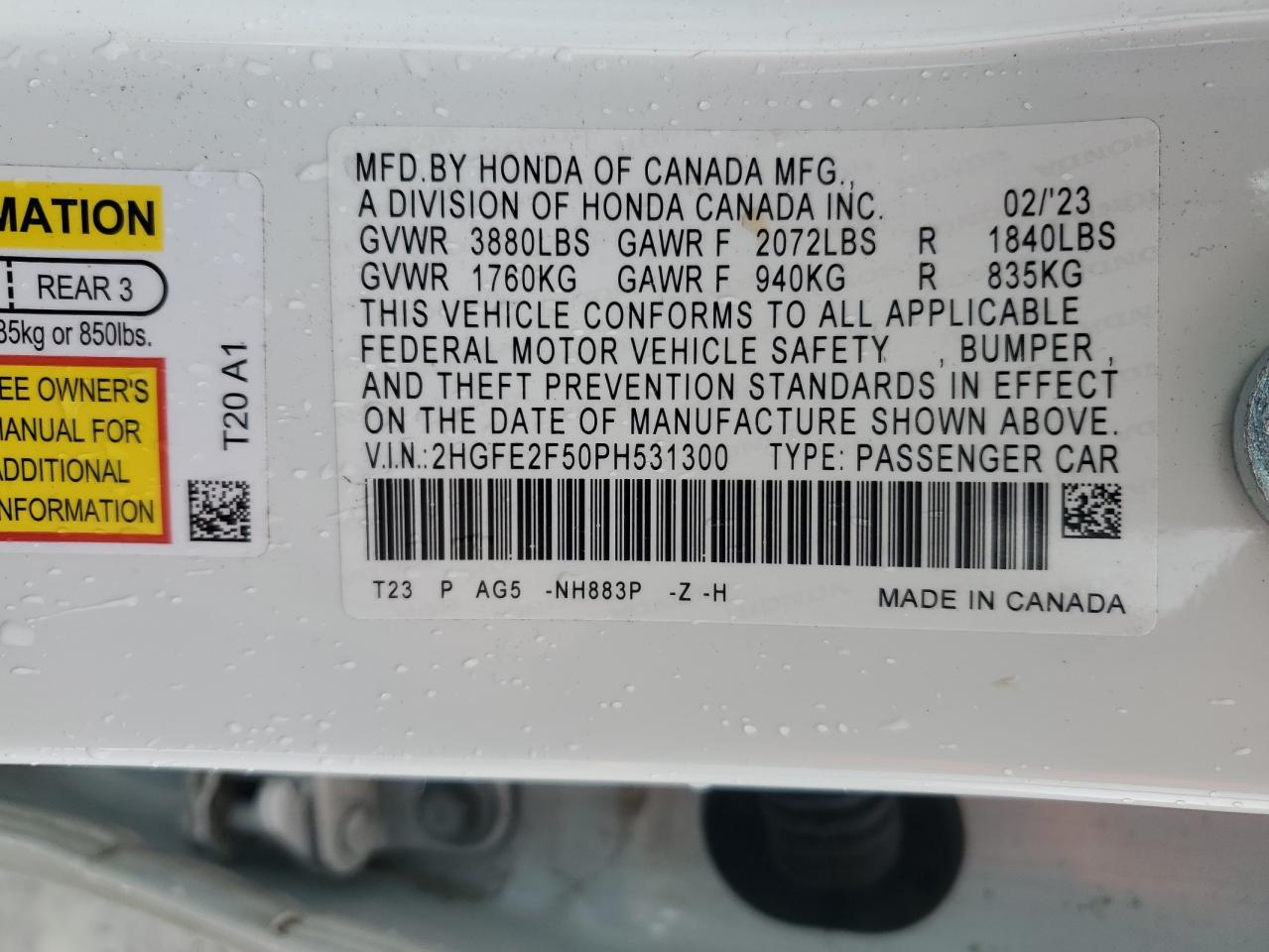 2023 Honda Civic VIN 2HGFE2F50PH531300 Copart auction photo, side damage thumbnail 14