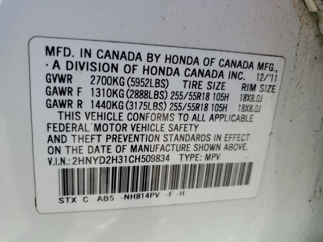 2012 Acura MDX VIN 2HNYD2H31CH509834 Copart auction photo, rear end / minor dent/scratches damage thumbnail 13