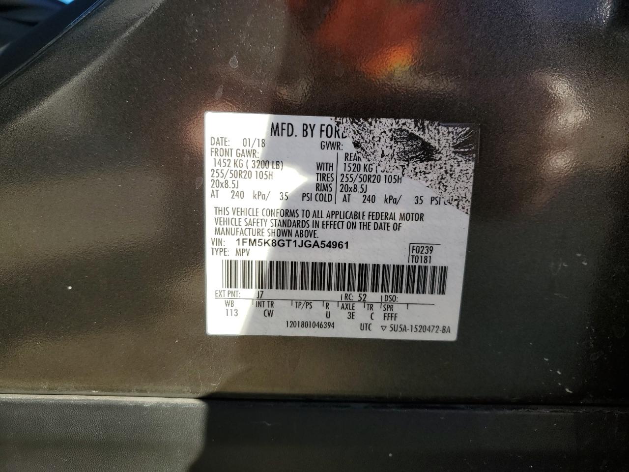 2018 Ford Explorer VIN 1FM5K8GT1JGA54961 Copart auction photo, front end damage thumbnail 14
