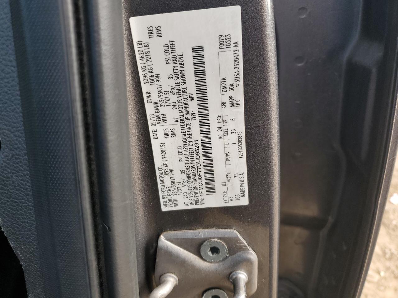2013 Ford Escape VIN 1FMCU0F77DUD95231 Copart auction photo, all over damage thumbnail 13