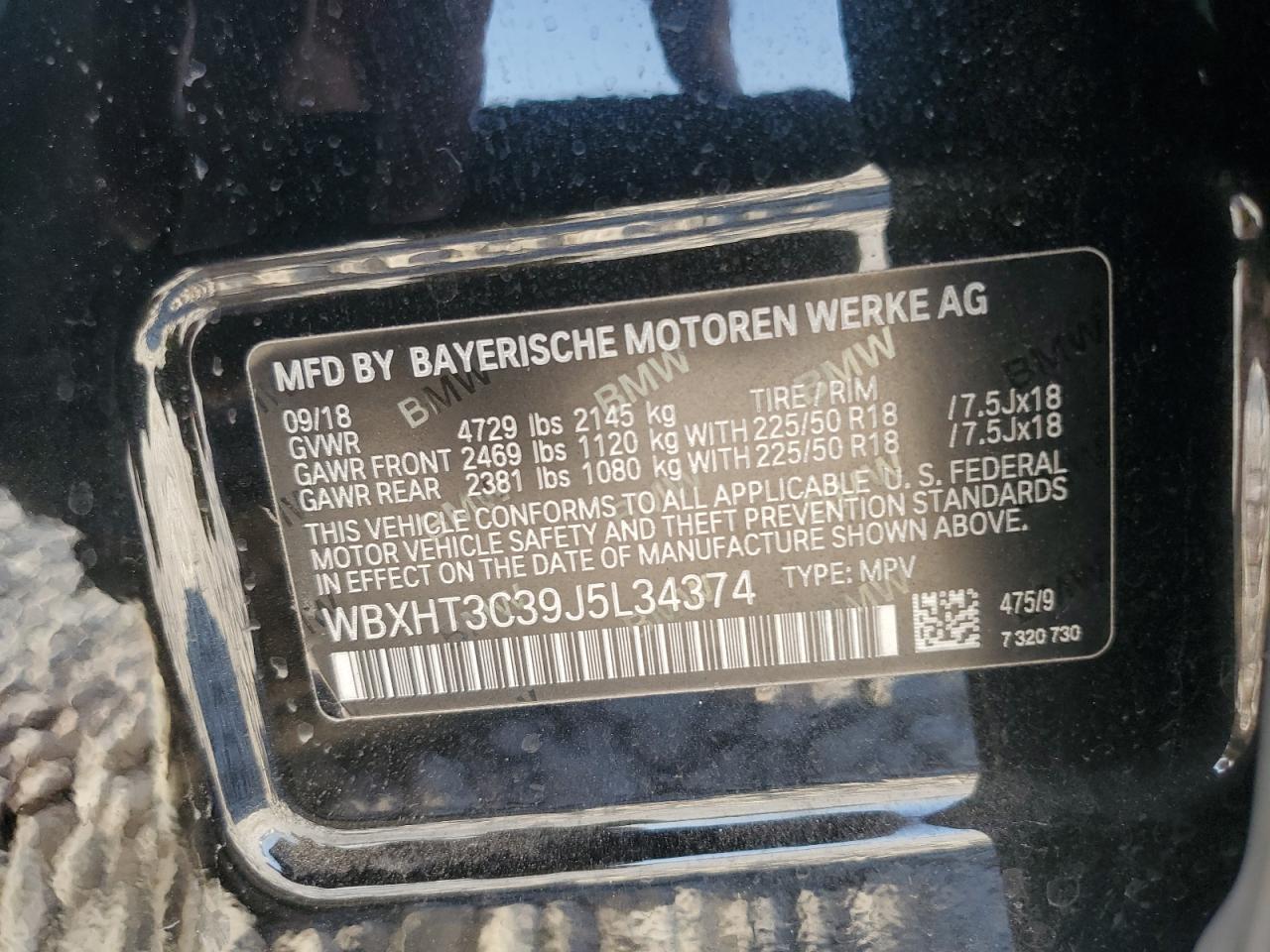 2018 BMW X1 VIN WBXHT3C39J5L34374 Copart auction photo, front end / minor dent/scratches damage thumbnail 13