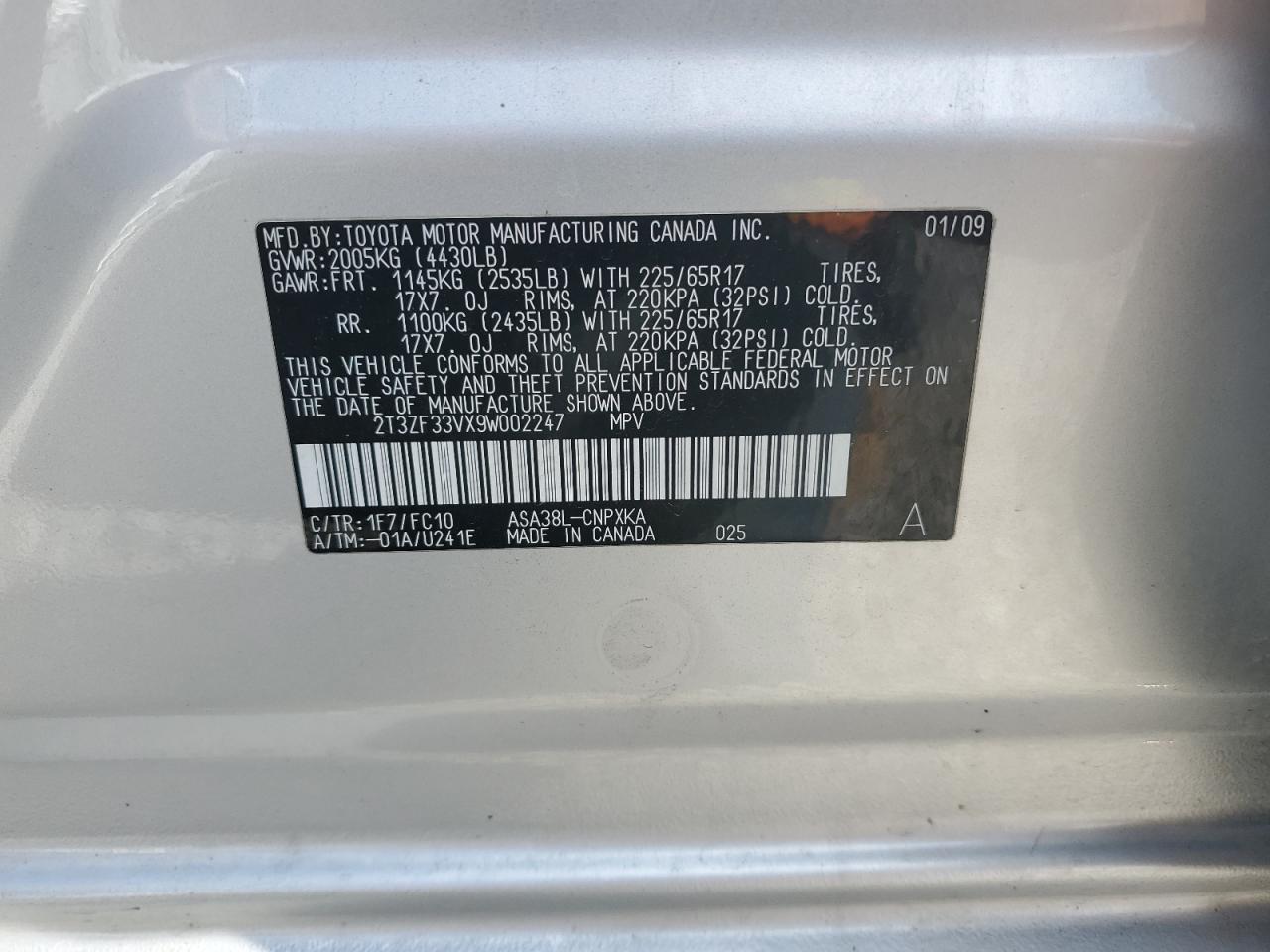 2009 Toyota RAV 4 VIN 2T3ZF33VX9W002247 Copart auction photo, front end damage thumbnail 15