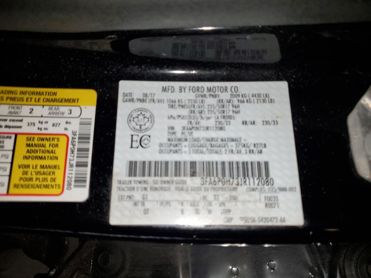 2018 Ford Fusion VIN 3FA6P0H73JR112080 Copart auction photo, side damage thumbnail 14