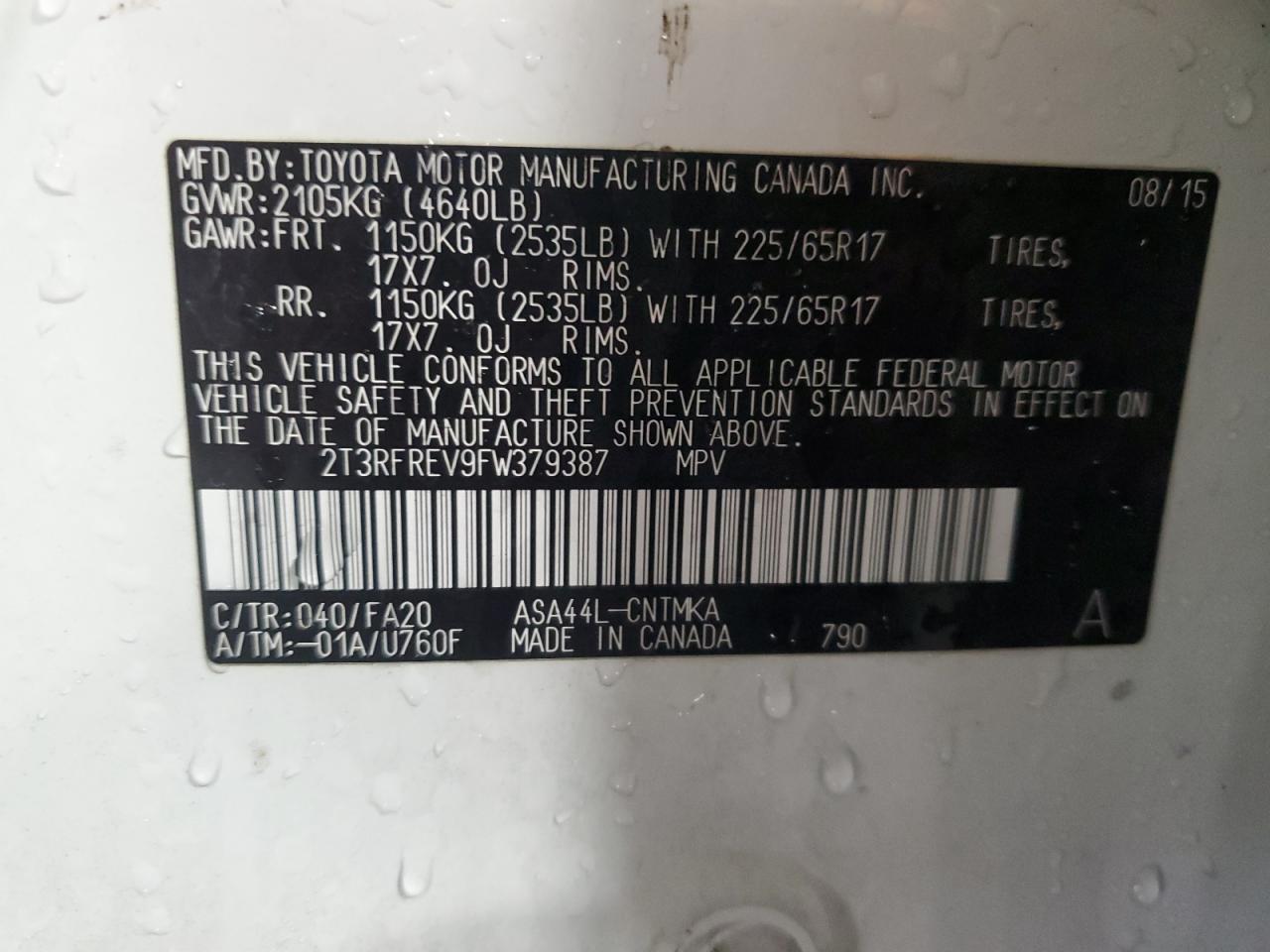 2015 Toyota RAV 4 VIN 2T3RFREV9FW379387 Copart auction photo, rear end damage thumbnail 14