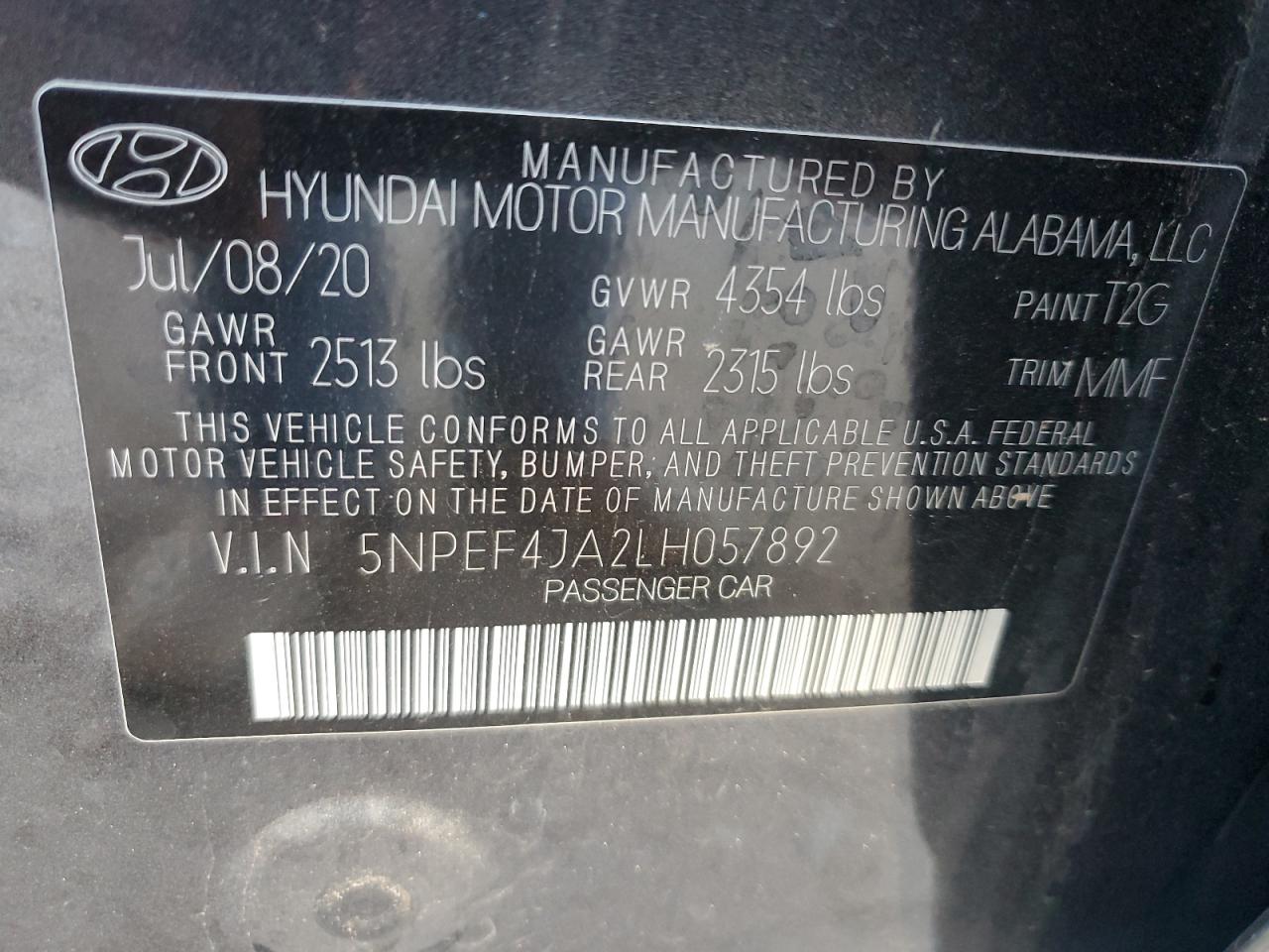 2020 Hyundai Sonata VIN 5NPEF4JA2LH057892 Copart auction photo, front end / minor dent/scratches damage thumbnail 13