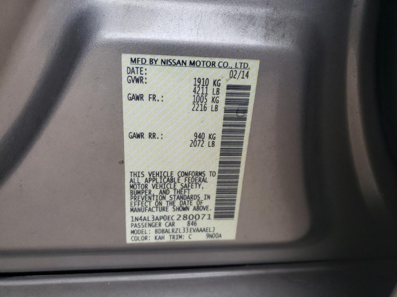 2014 Nissan Altima VIN 1N4AL3AP0EC280071 Copart auction photo, front end damage thumbnail 14