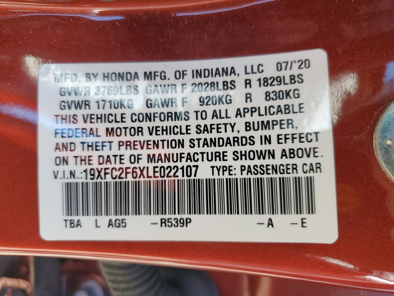 2020 Honda Civic VIN 19XFC2F6XLE022107 Copart auction photo, front end / minor dent/scratches damage thumbnail 12