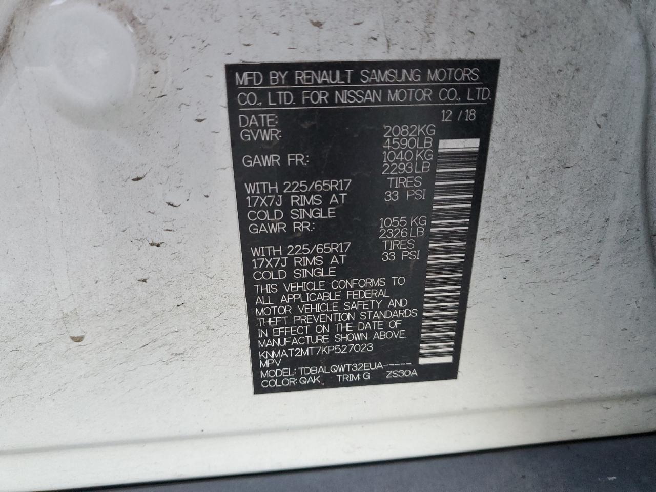 2019 Nissan Rogue VIN KNMAT2MT7KP527023 Copart auction photo, front end / side damage thumbnail 12